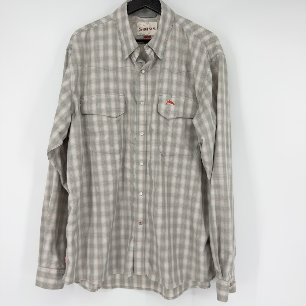 Simms Mens Large Plaid Western Pearl Snap Fishing Shirt Logo Stretch Vented